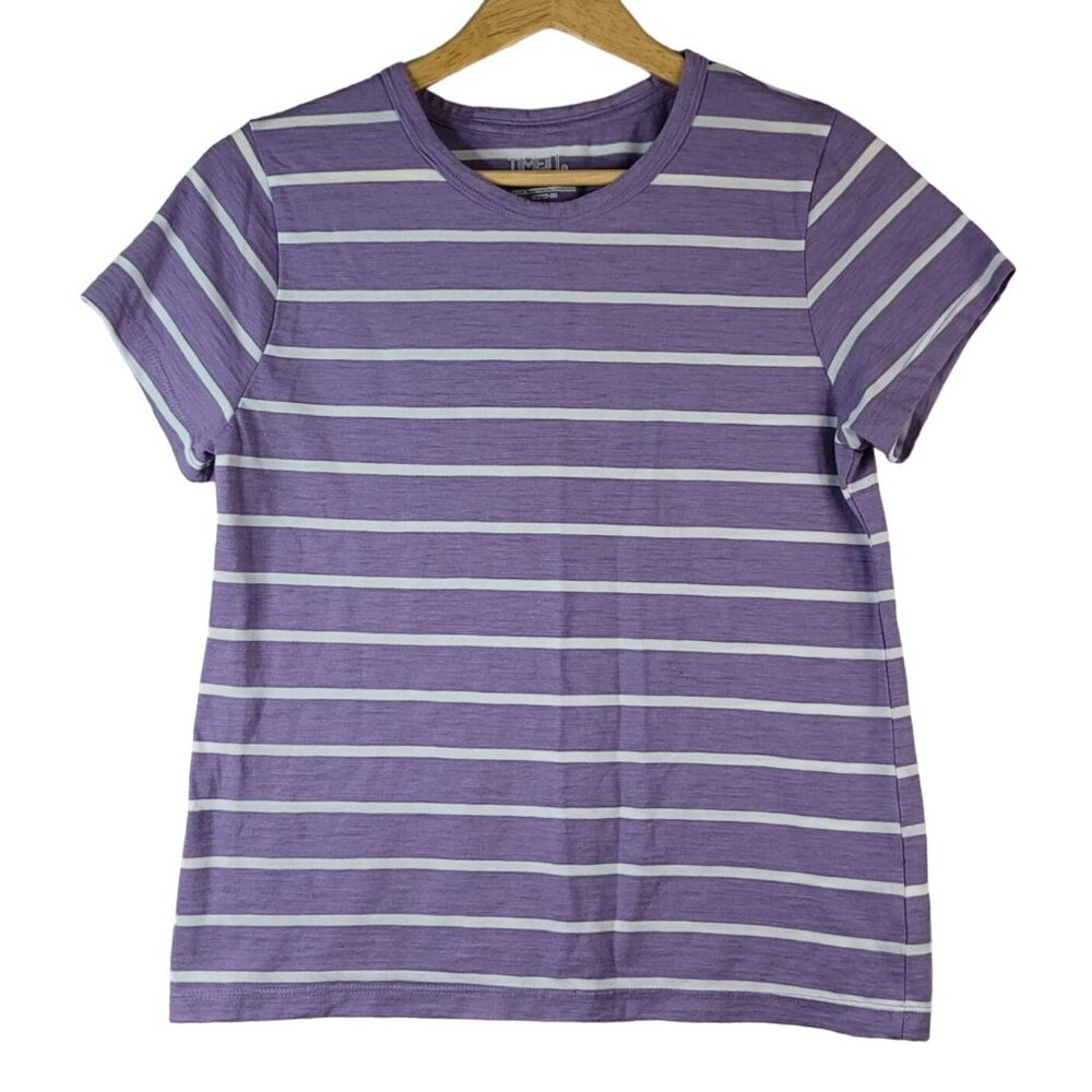 Time And Tru Womens Top Purple Size 4 Small Short Sleeve White Stripe Crew Neck